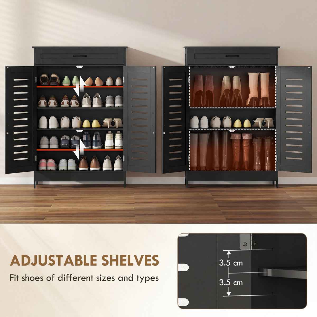 Shoe Cabinet with Louvered Doors and Drawer