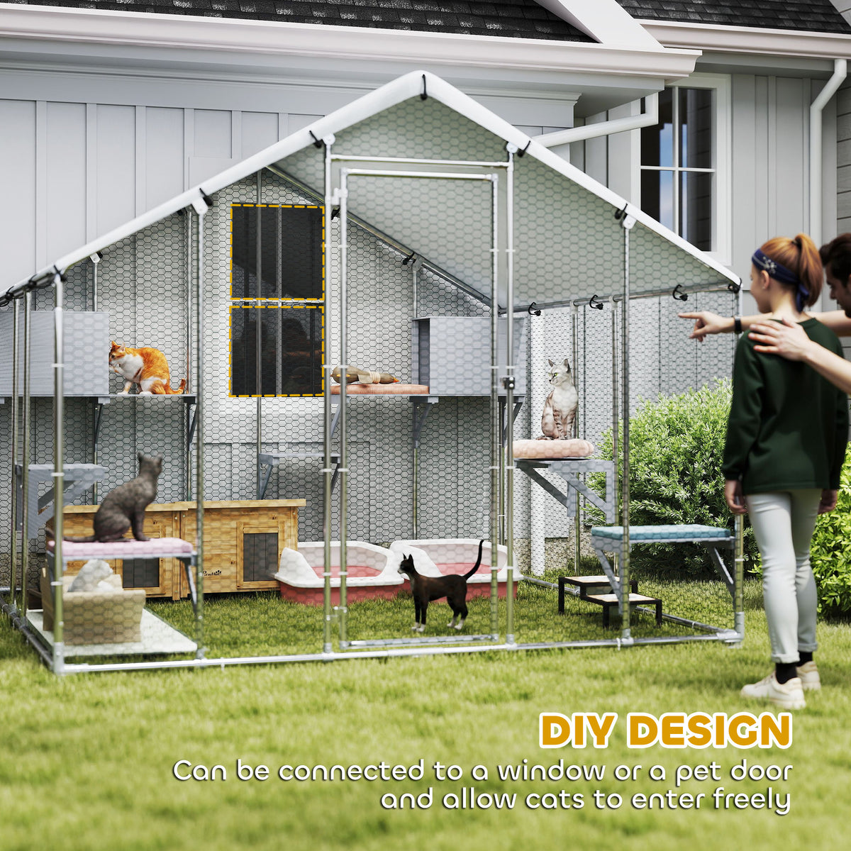 Gran recinto exterior de metal para gatos con refugio impermeable