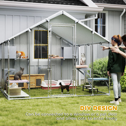 Gran recinto exterior de metal para gatos con refugio impermeable