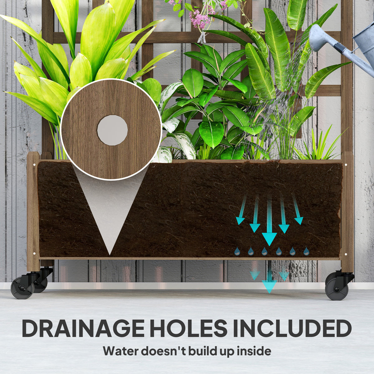 Jardinera elevada con celosía y ruedas