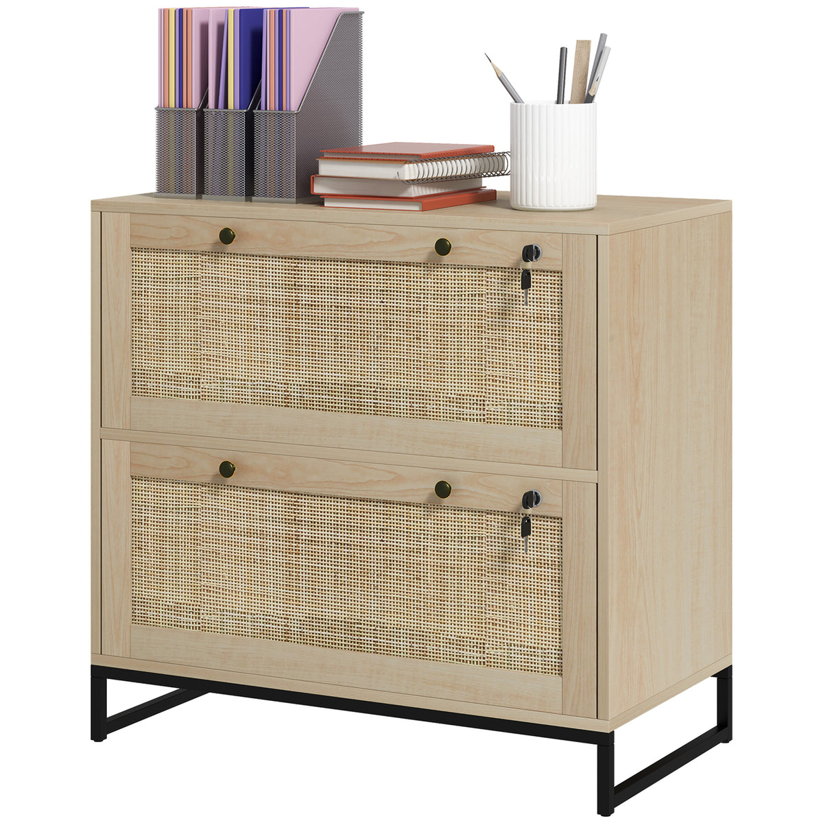 2-Drawer Filing Cabinet with Lock and Rattan Design