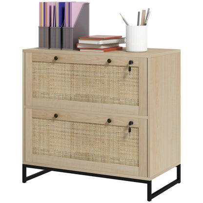 2-Drawer Filing Cabinet with Lock and Rattan Design