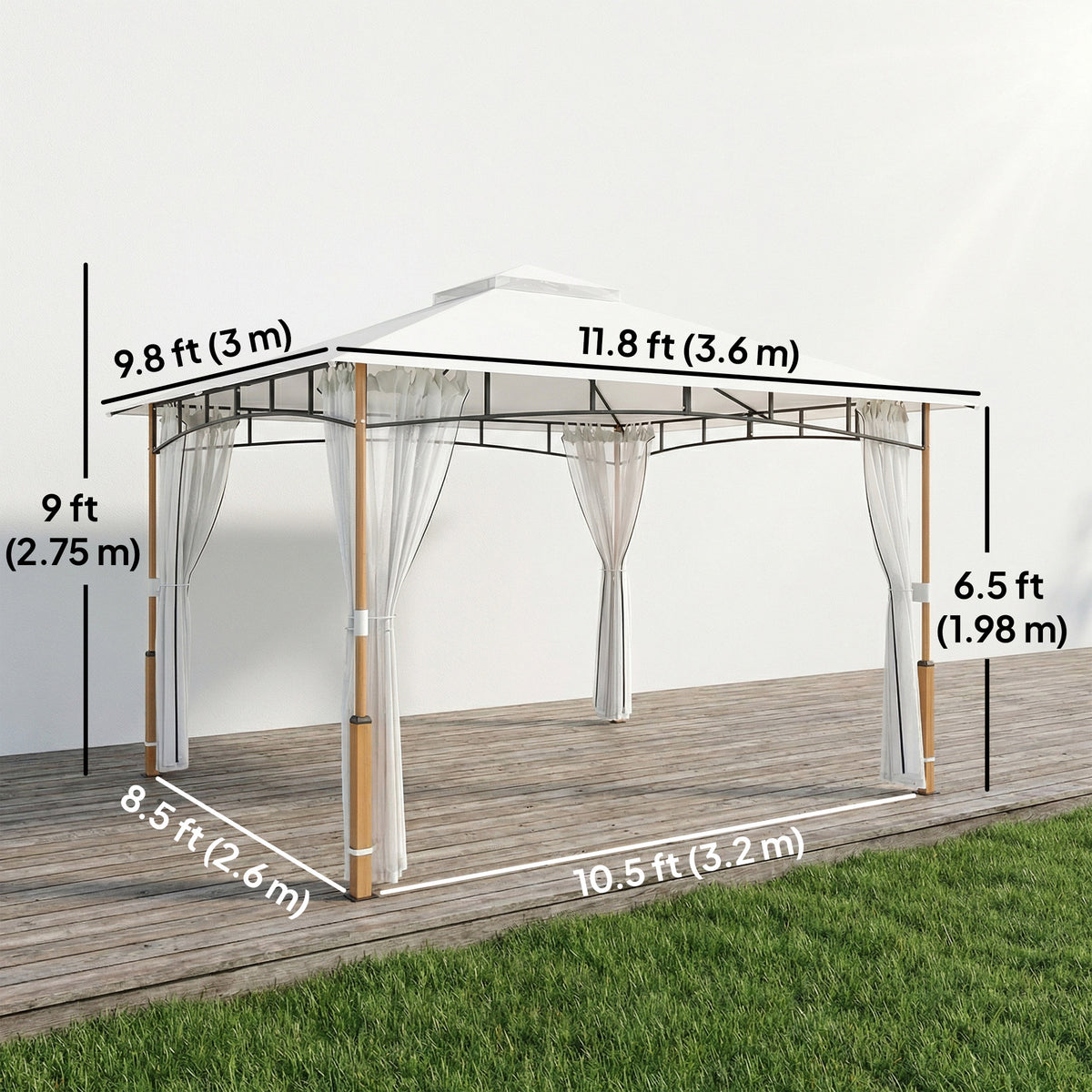 Cenador de patio de doble techo de 3 x 3,6 m con mosquitera