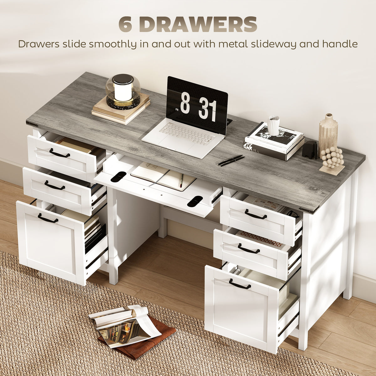 Computer Desk with Seven Drawers and Charging Station