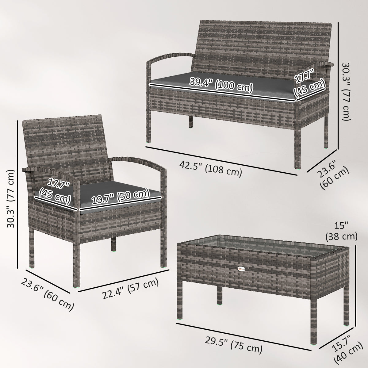 4-Piece Patio Conversation Set with Tempered Glass Table