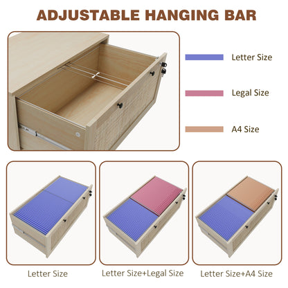 2-Drawer Filing Cabinet with Lock and Rattan Design
