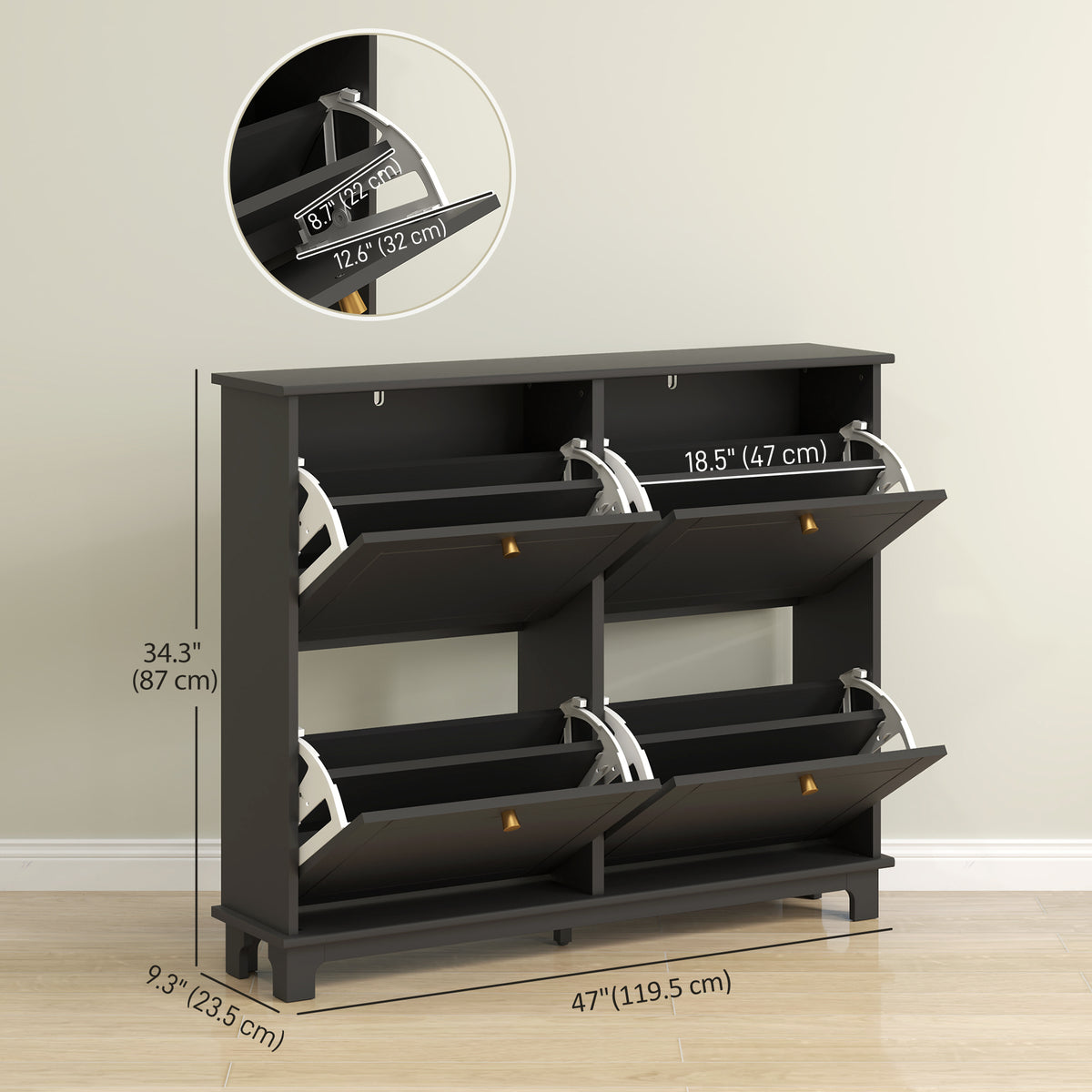 Narrow shoe storage cabinet with four flip drawers