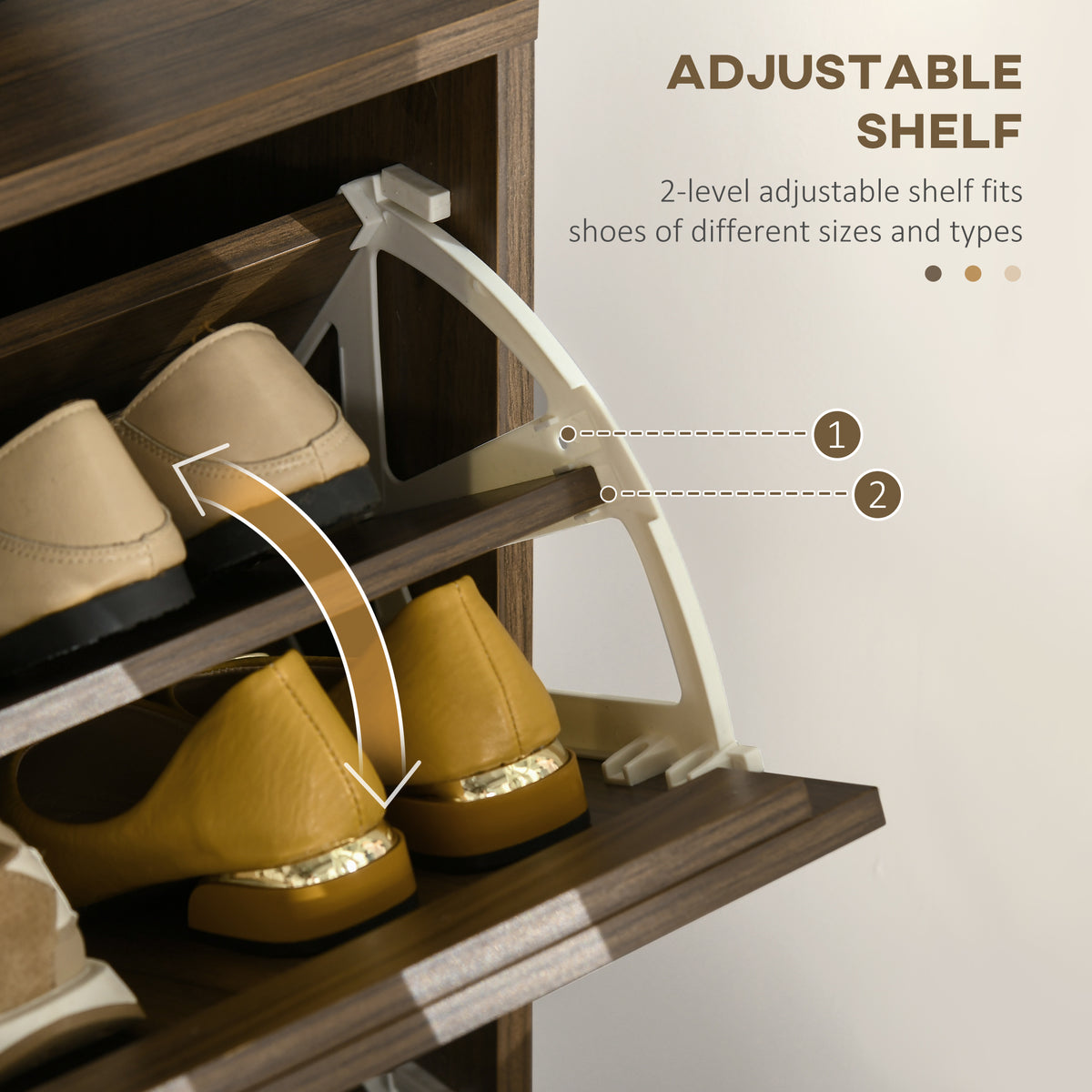 Narrow shoe storage cabinet with two flip drawers
