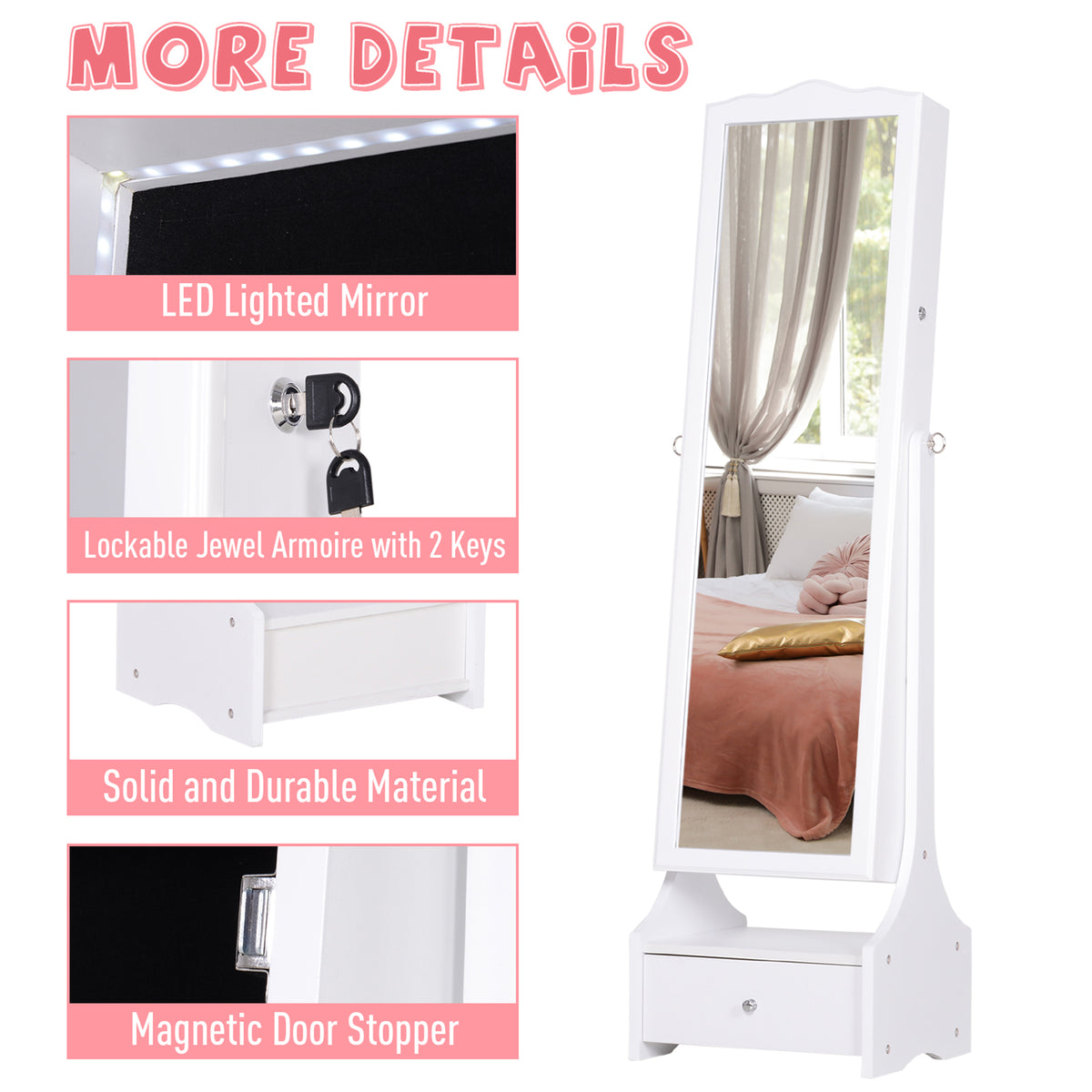 Standing jewelry armoire with full length mirror