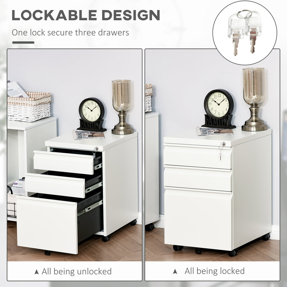 Mobile filing cabinet 3 drawer lockable steel