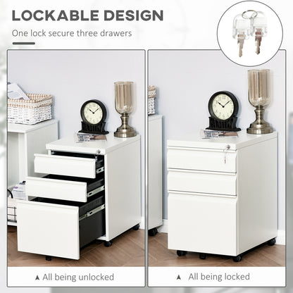 Mobile filing cabinet 3 drawer lockable steel