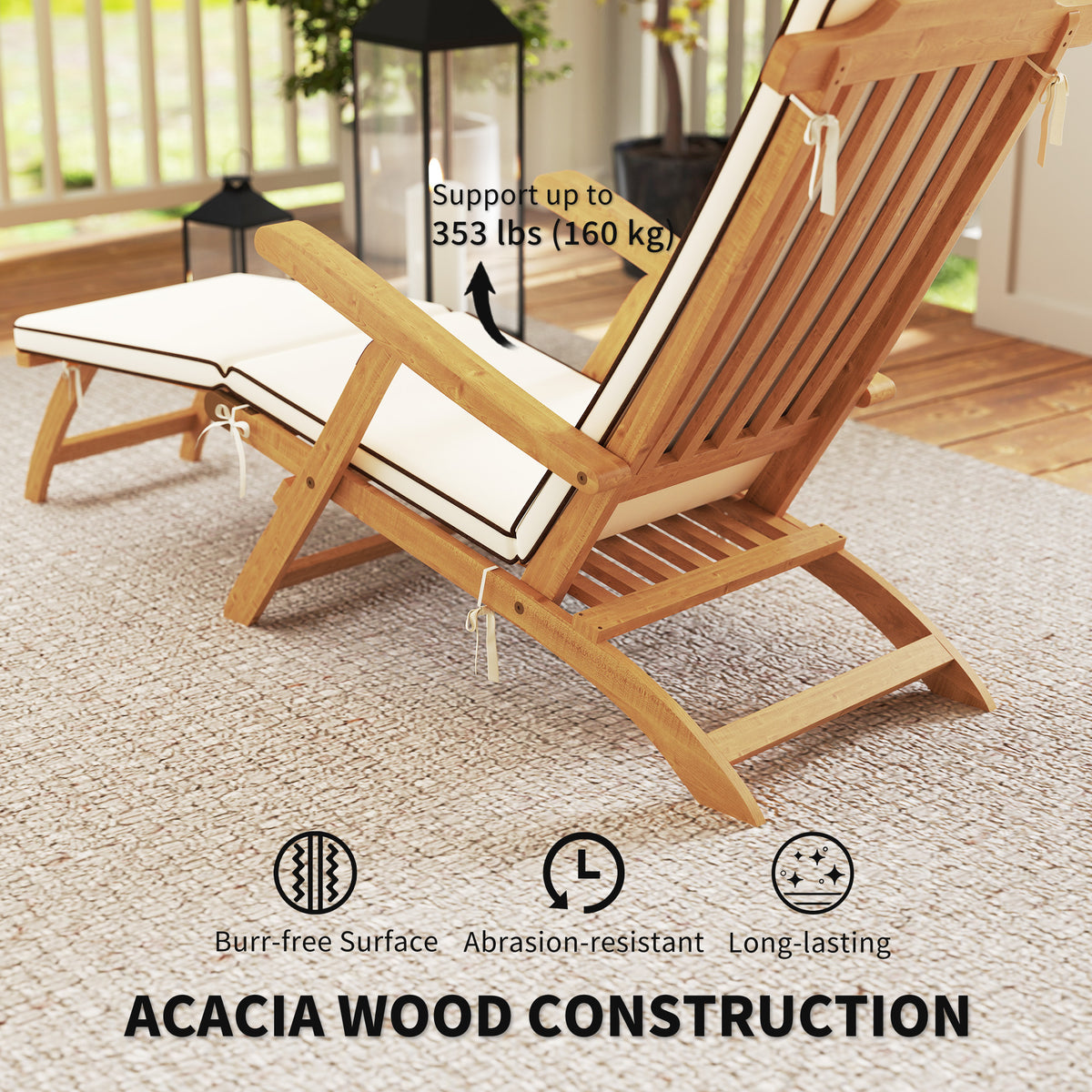 Folding Acacia Wood Patio Lounge Chair with Footrest