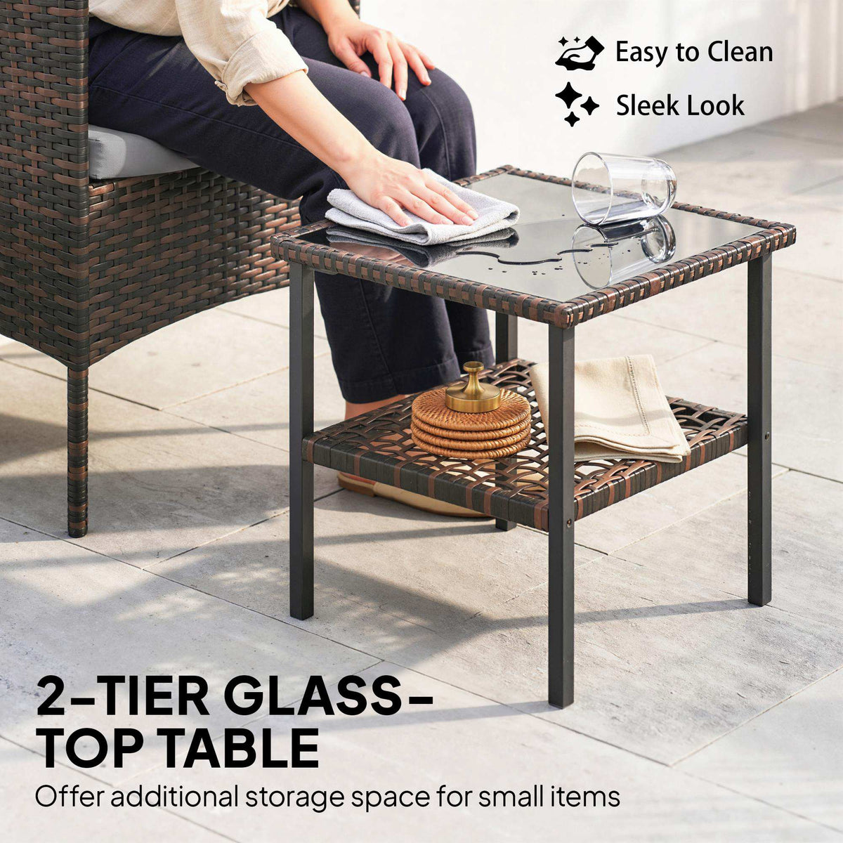 Bistro Set 3 Piece Wicker with Glass Table — Khaki