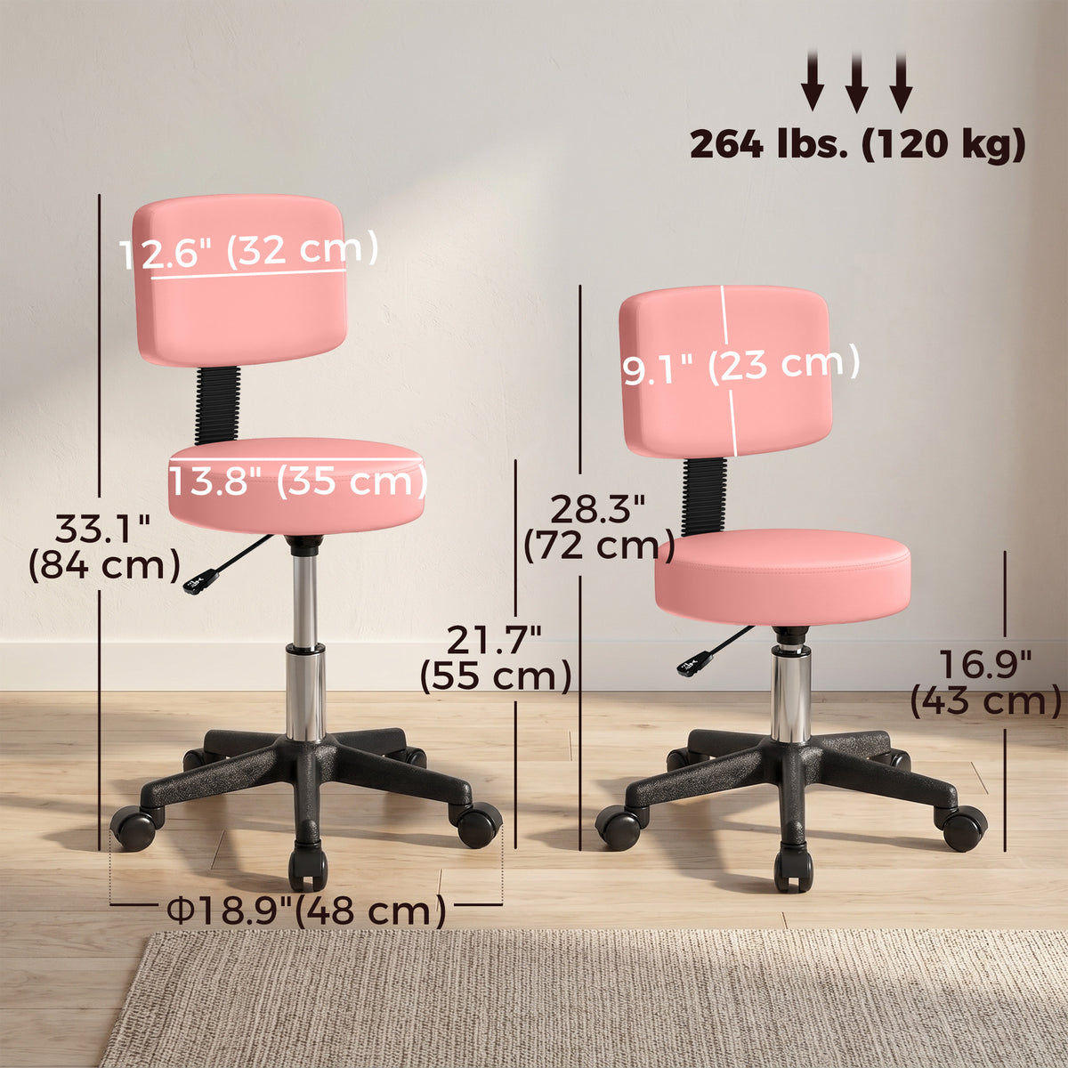 Rolling Stool with Backrest and Wheels — PU Leather