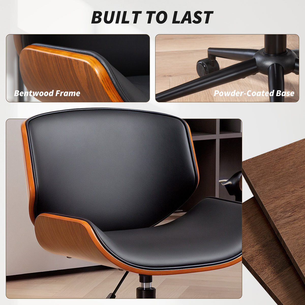 Silla de oficina moderna de mediados de siglo sin reposabrazos con ruedas