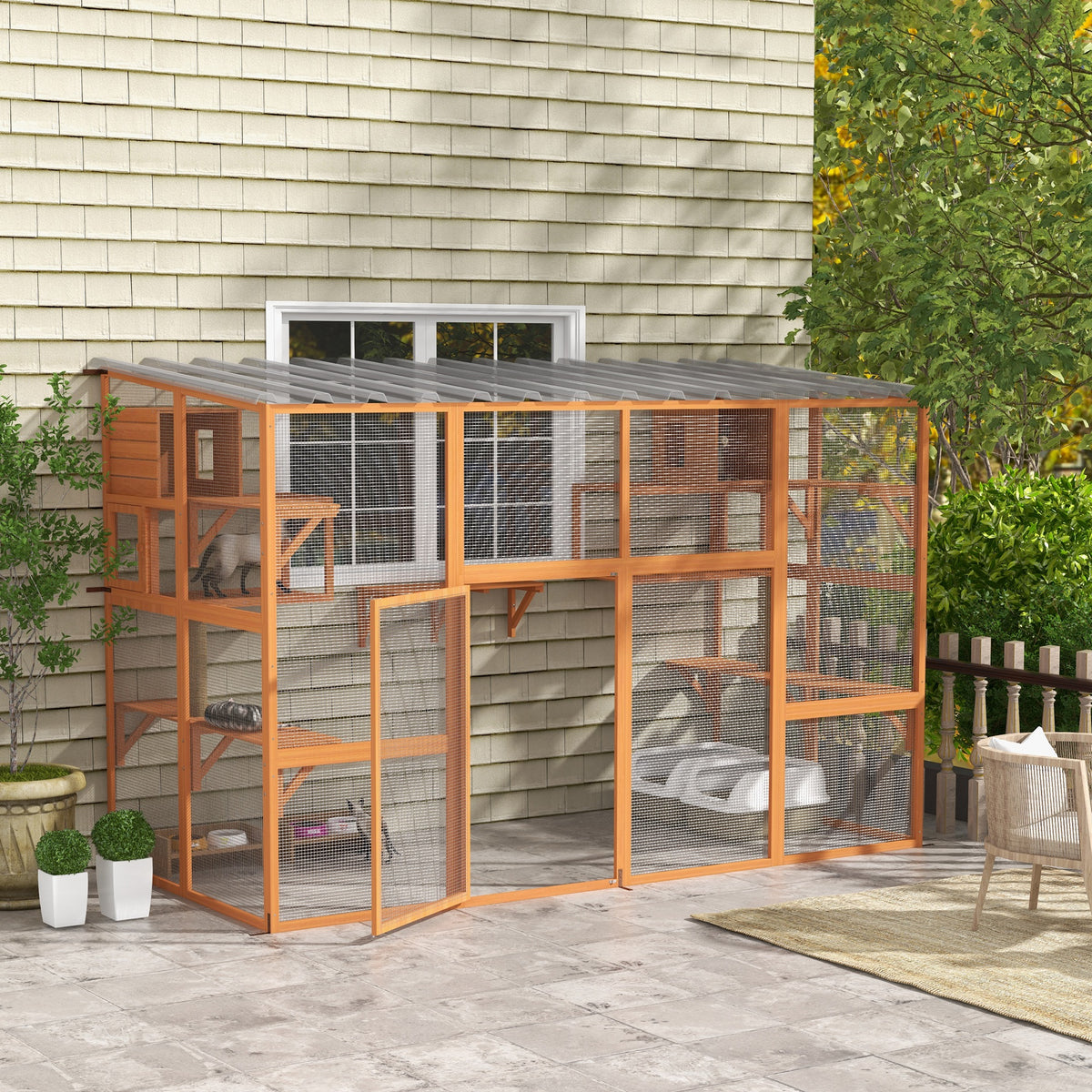 Outdoor Cat Enclosure with Condos and Waterproof Roof
