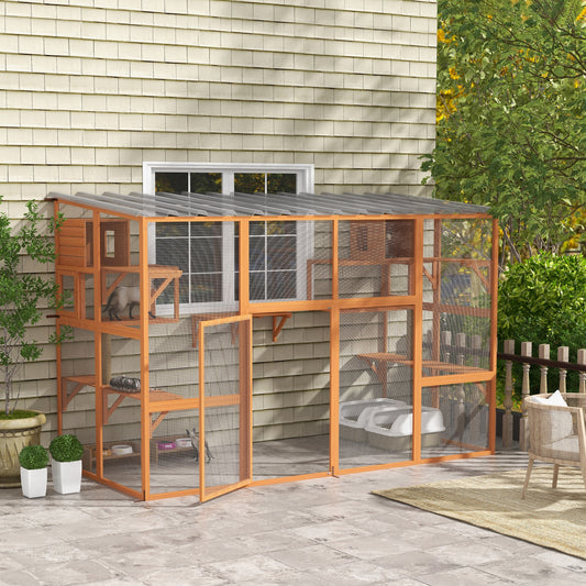 Outdoor Cat Enclosure with Condos and Waterproof Roof