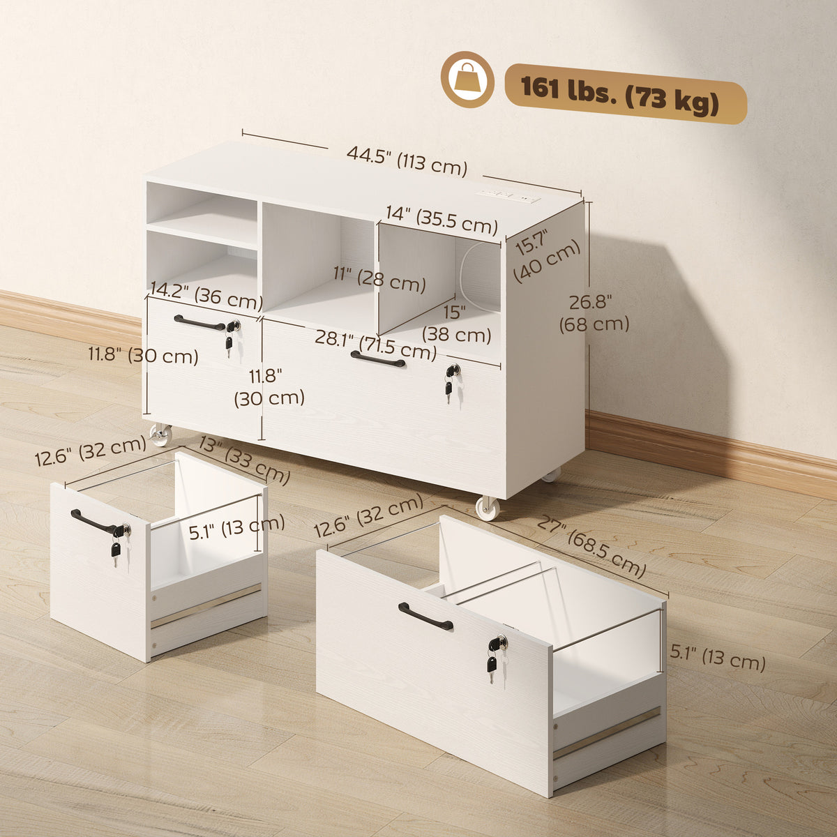 Mobile 2-drawer lateral file cabinet with lock