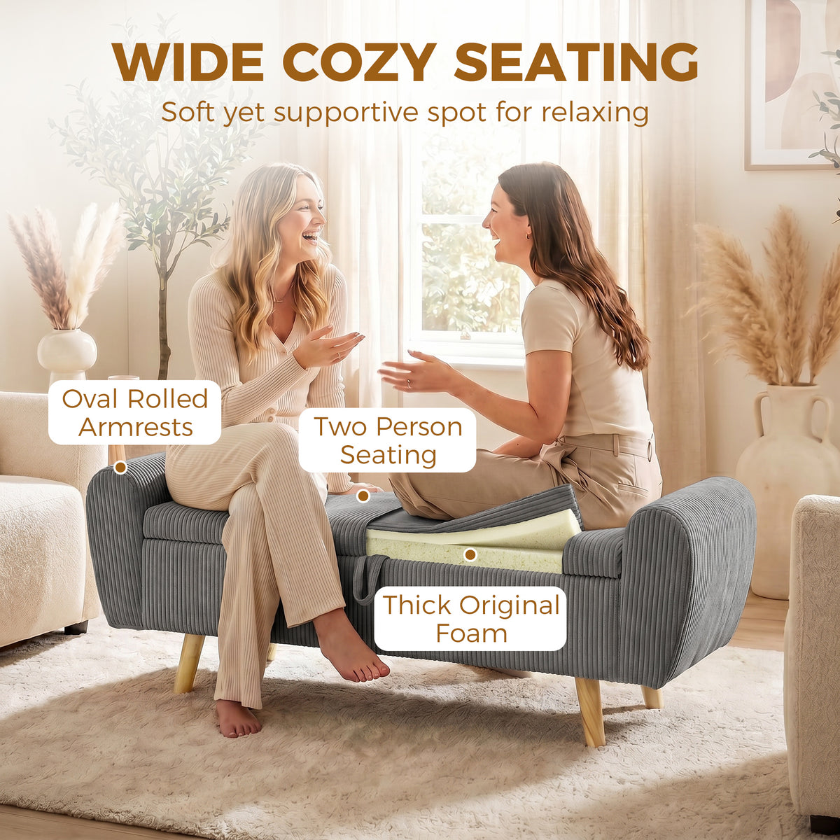Corduroy Storage Ottoman Bench with Rolled Arms