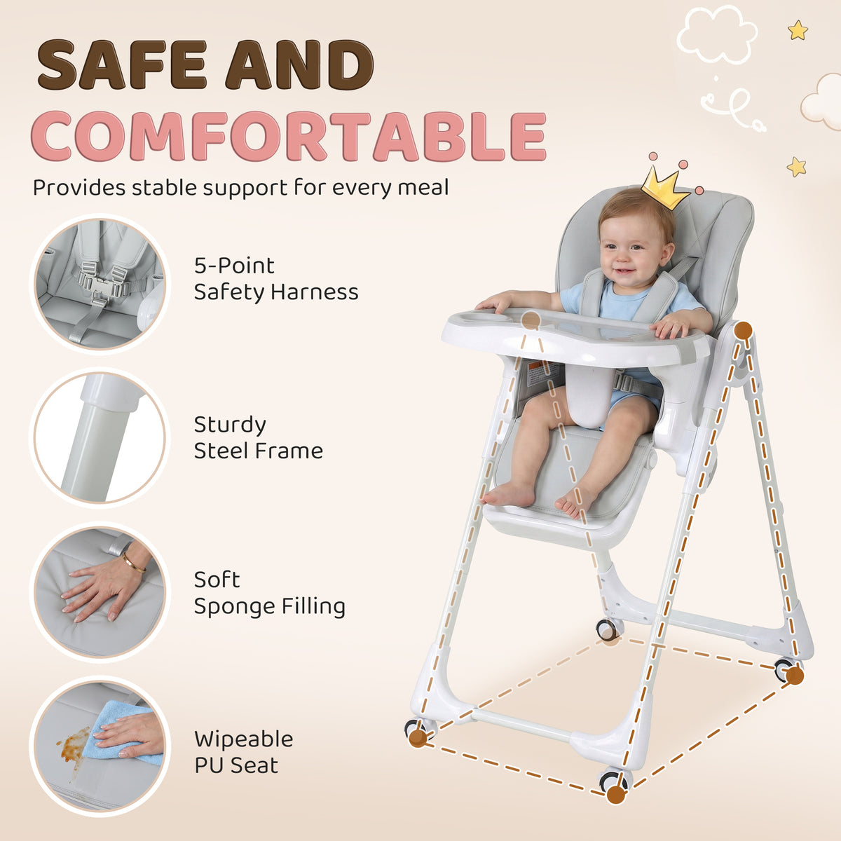 Foldable High Chair with Double Tray and Wheels