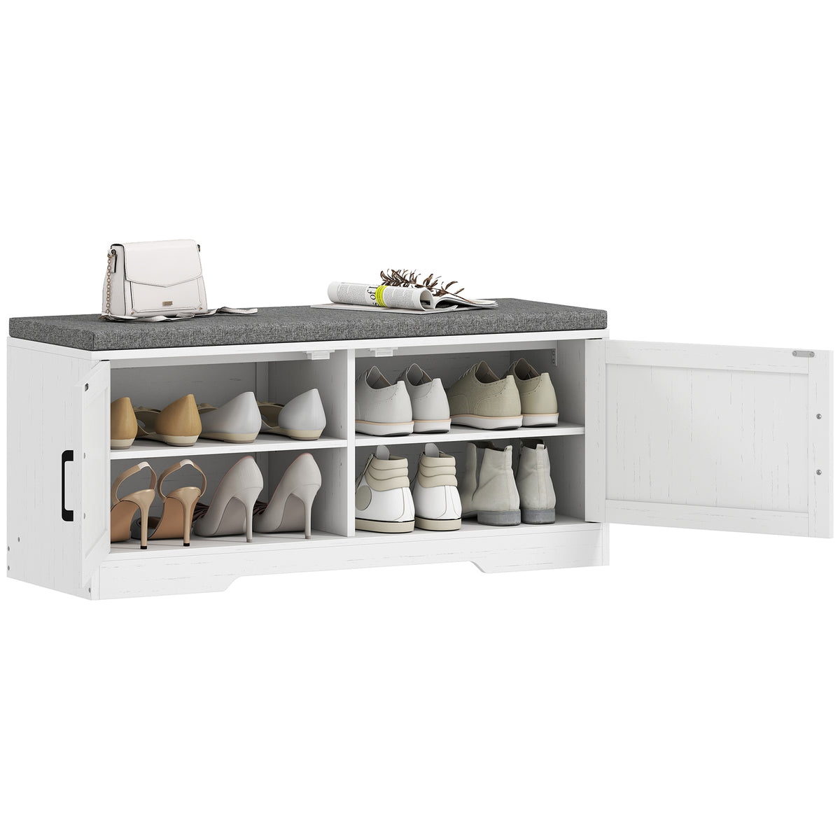Shoe storage bench with cushion and doors