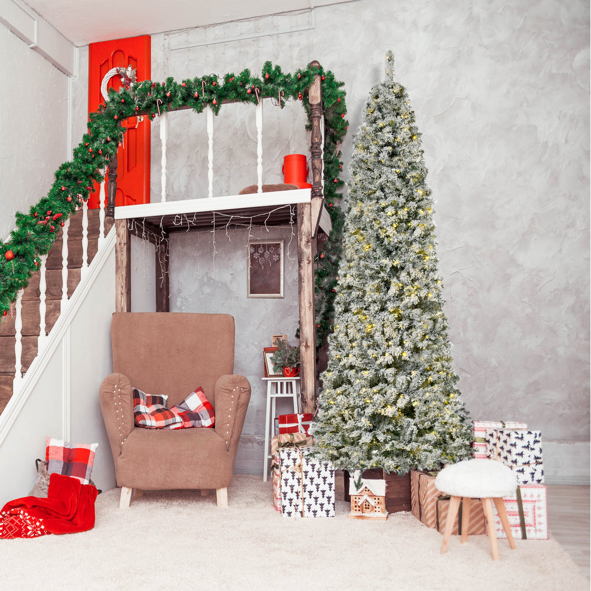 Pre-Lit Slim Flocked Artificial Christmas Tree with LED Lights