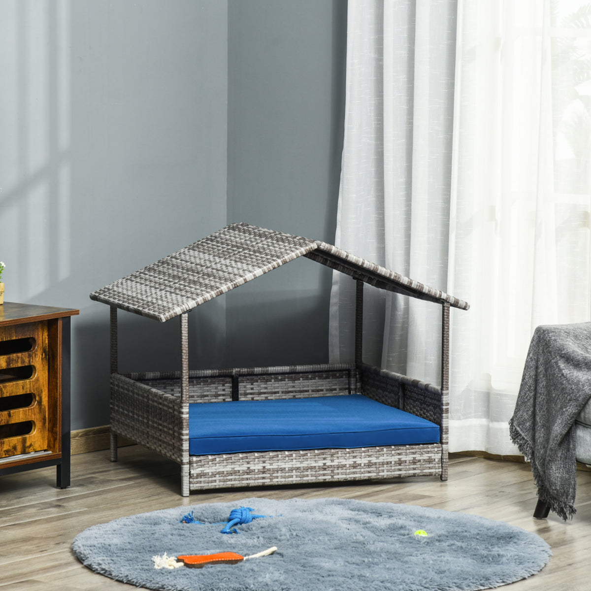 Elevated Rattan Dog House with Canopy Shelter