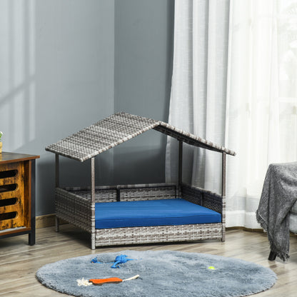 Elevated Rattan Dog House with Canopy Shelter