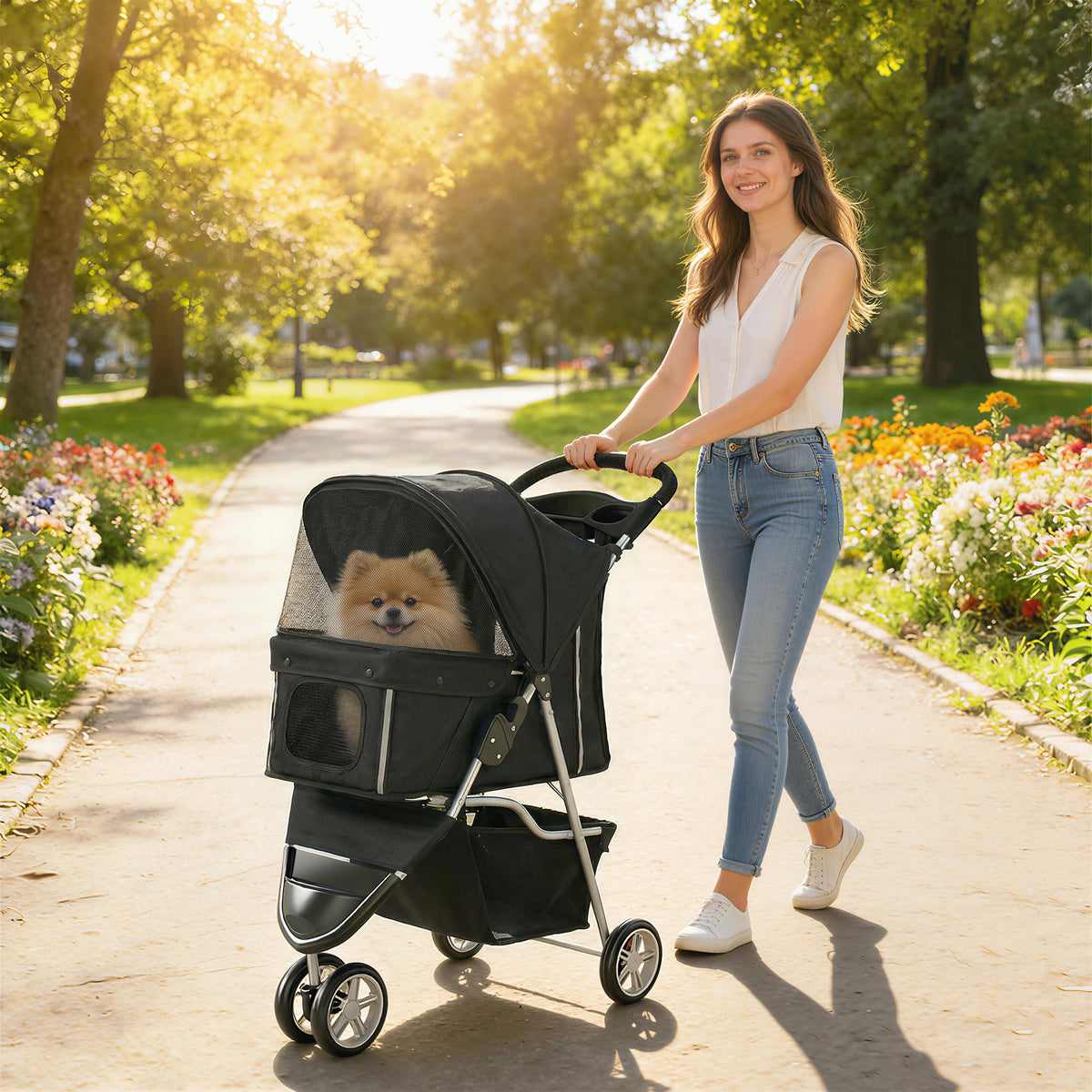 Cochecito plegable de 3 ruedas para perros con toldo ajustable