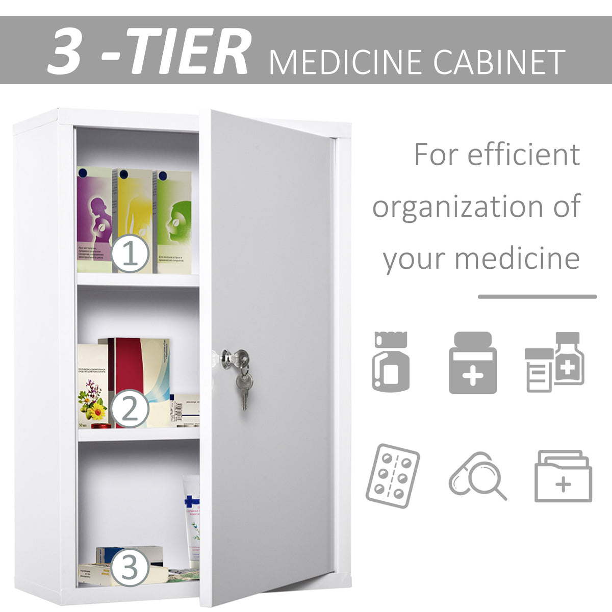 Wall Mount Medicine Cabinet 3 Tier Steel Lockable