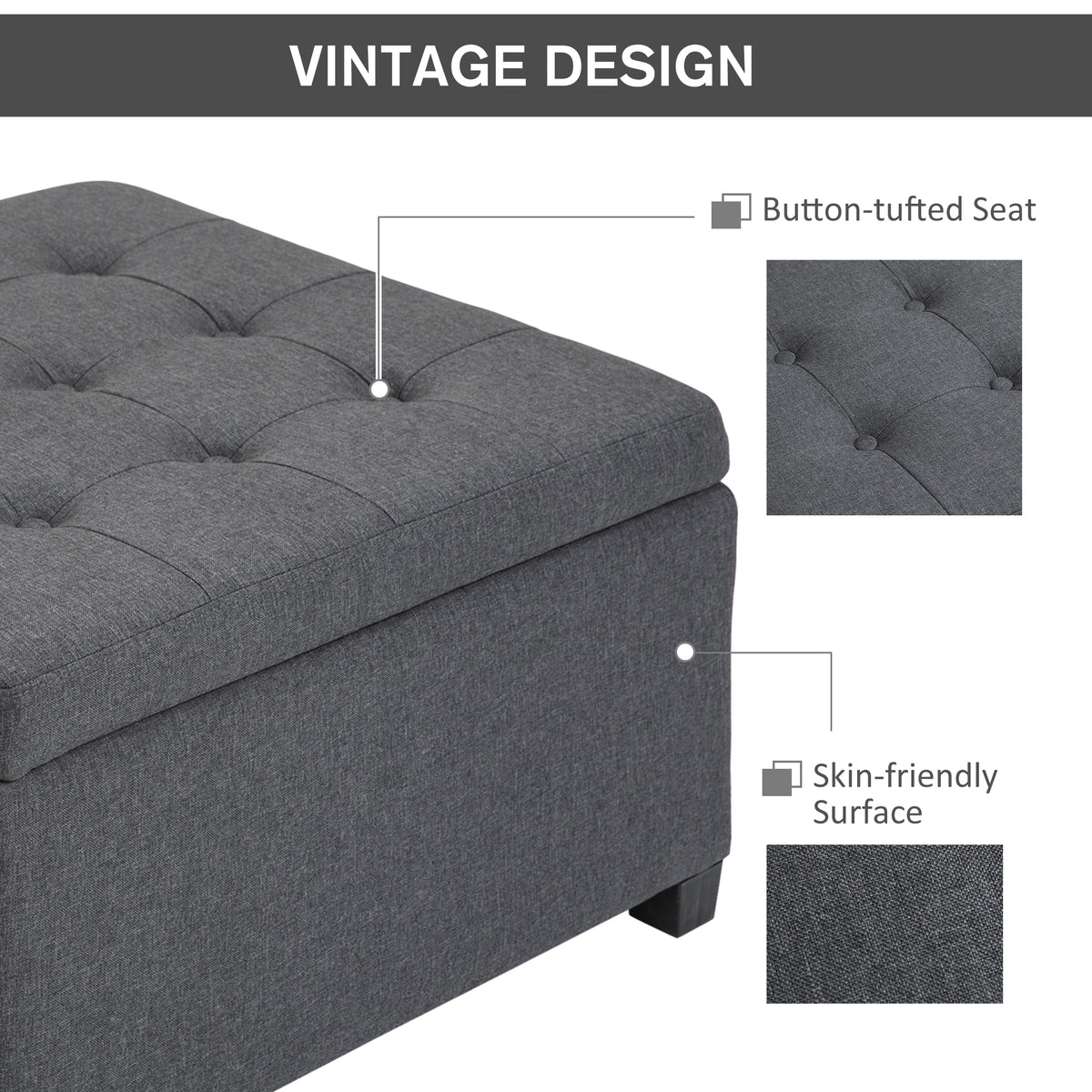 Tufted storage ottoman with upholstered bench seat