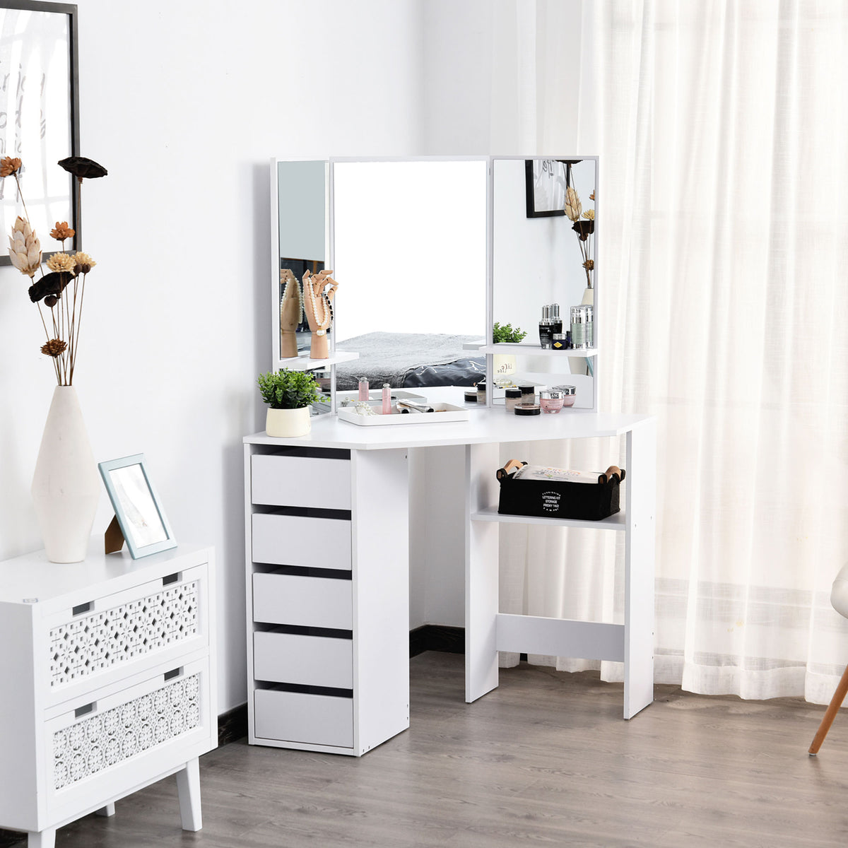 Corner makeup vanity table triple mirror with drawers