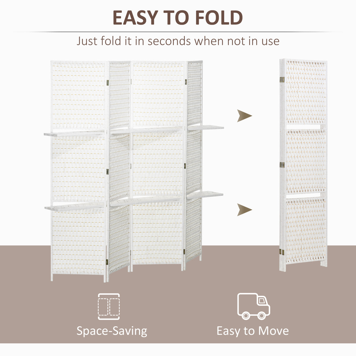4-Panel Folding Room Divider with Shelves and Wood Frame