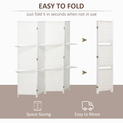 4-Panel Folding Room Divider with Shelves and Wood Frame