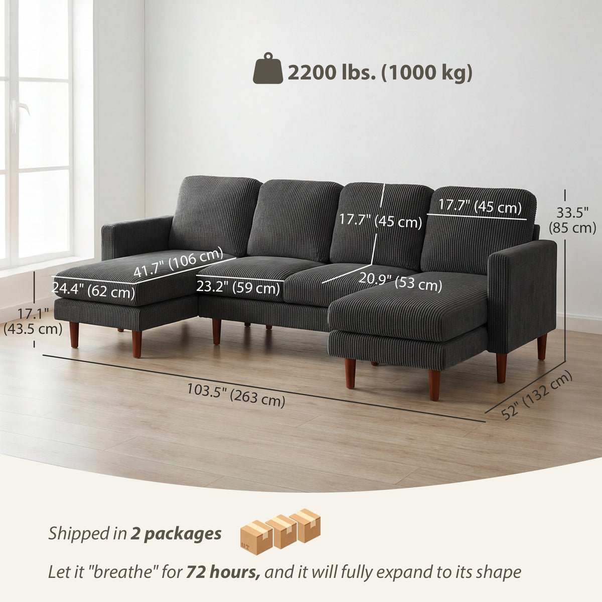 U-Shaped Corduroy Sectional Sofa with Double Chaise Lounges