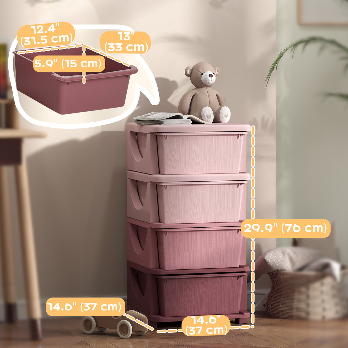 4-Tier Toy Organizer with 4 Plastic Drawers