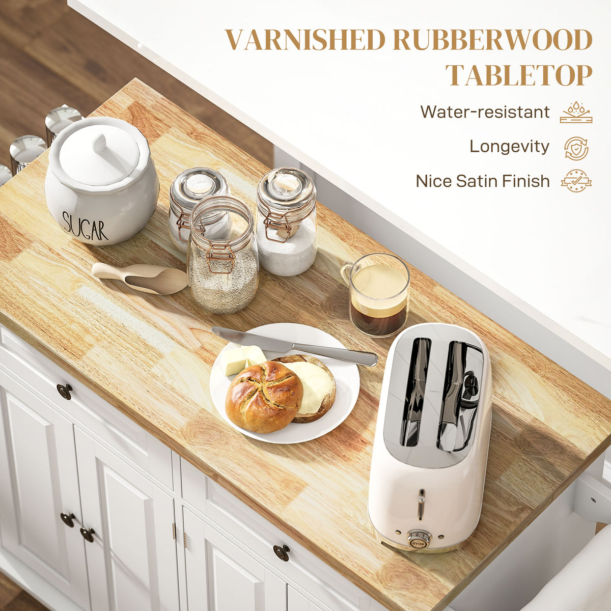 Rolling kitchen island with storage and wood top