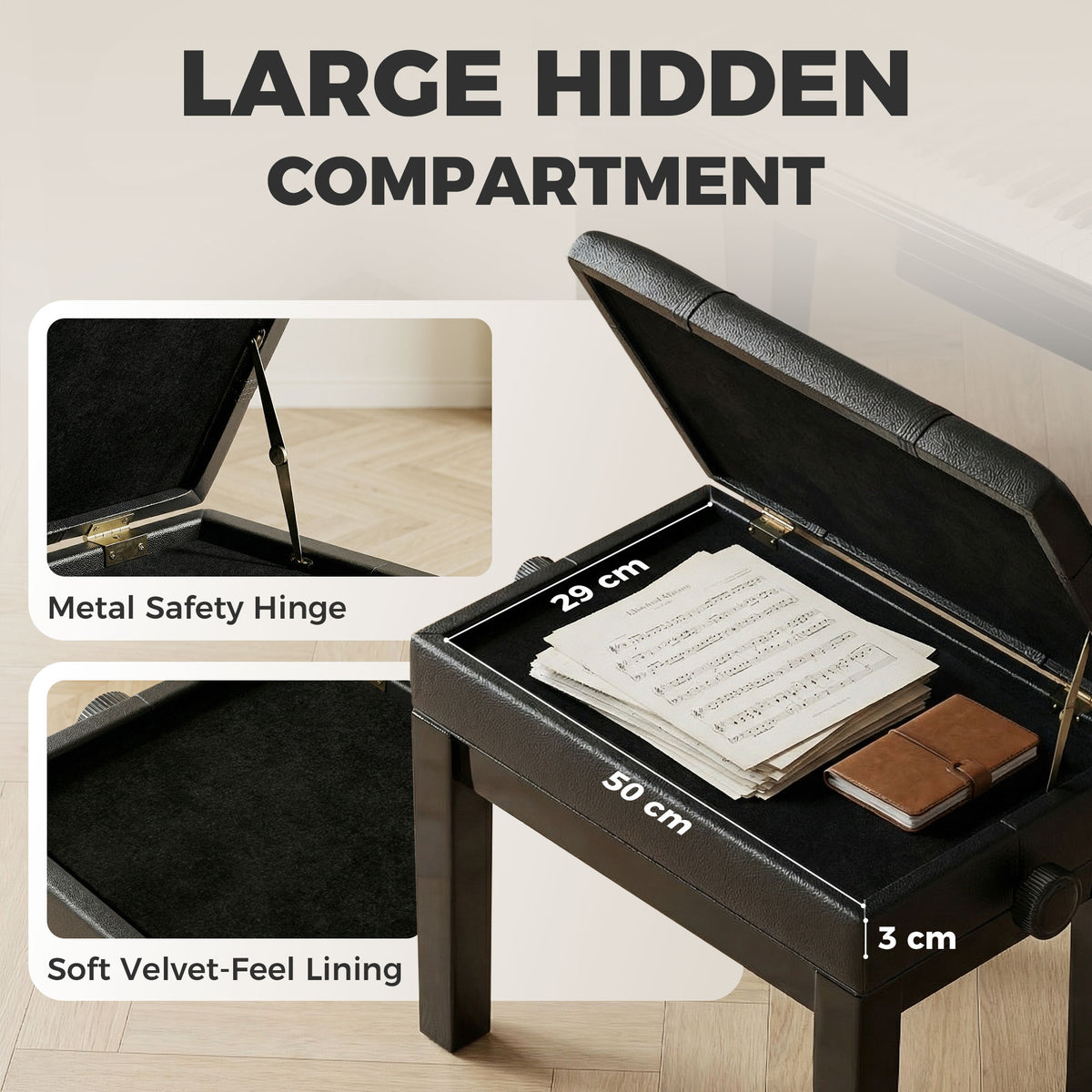 Faux leather adjustable piano bench with storage