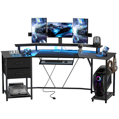 Curved Gaming Desk with RGB Lights, Outlets and Drawers