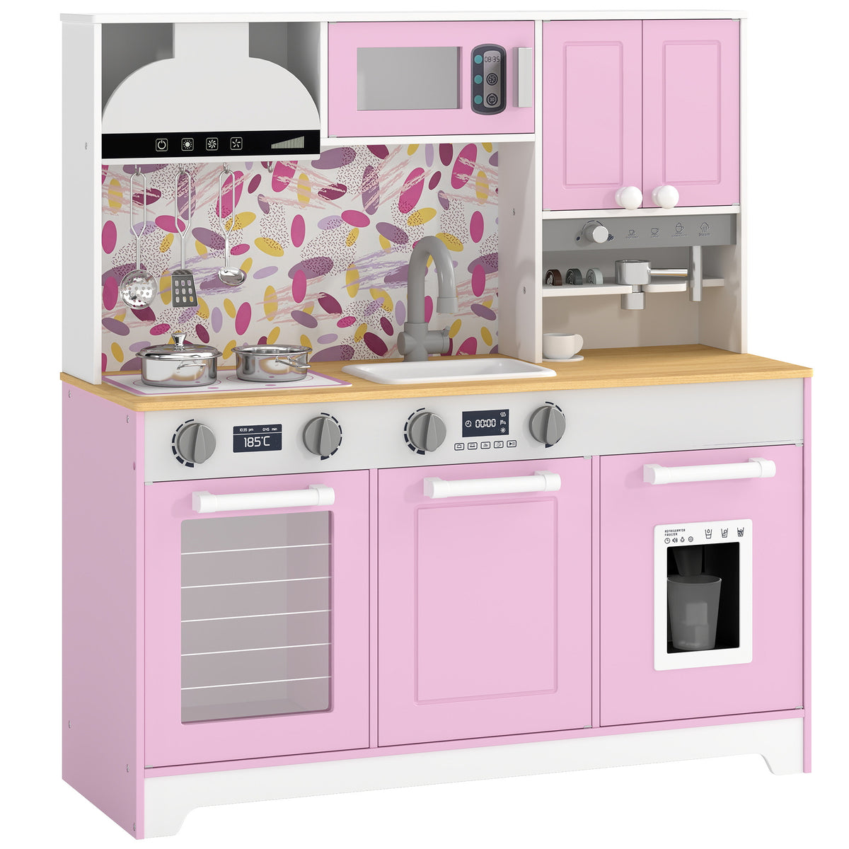 Wooden kids play kitchen with coffee maker and accessories