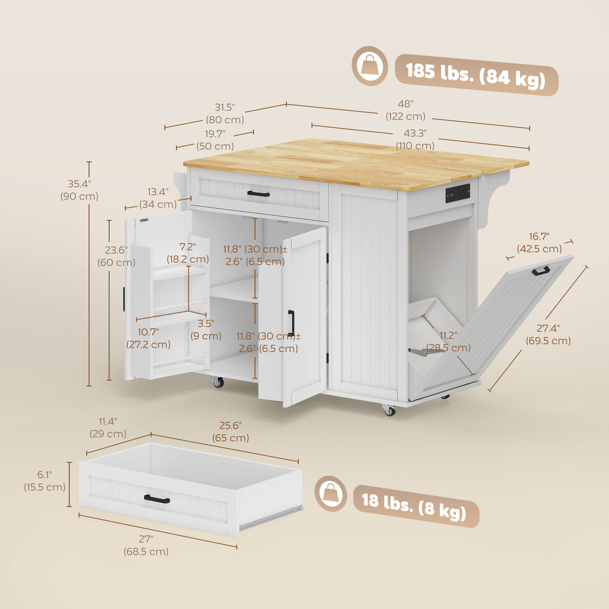Portable kitchen island cart with charging station and drop leaf