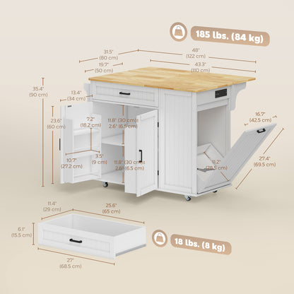 Portable kitchen island cart with charging station and drop leaf