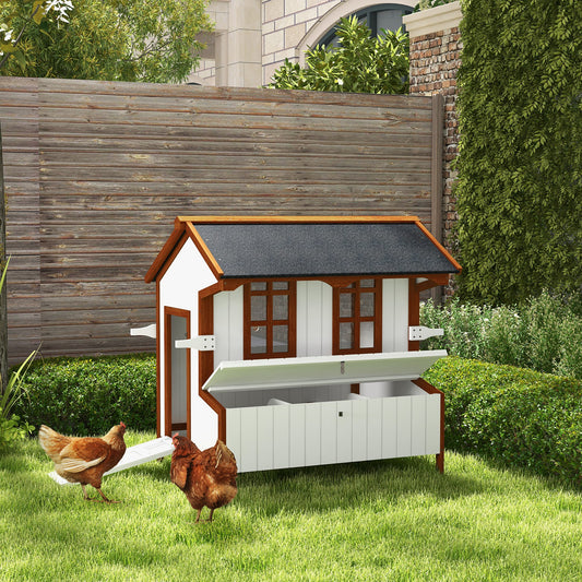 Raised wooden chicken coop with ramp and nesting box