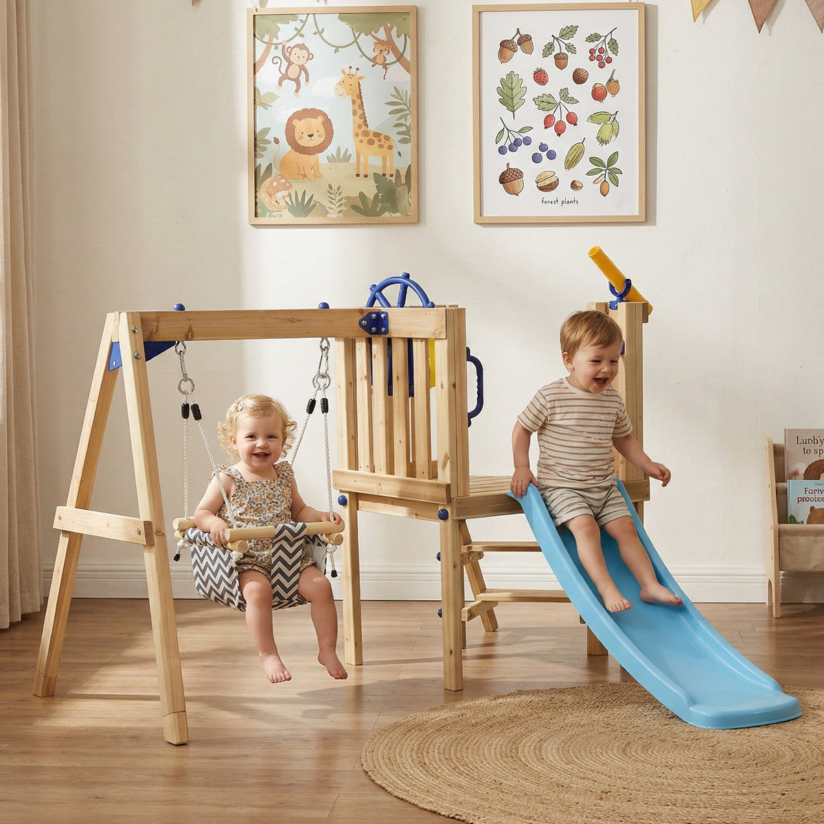 Conjunto de columpio y tobogán de madera para niños