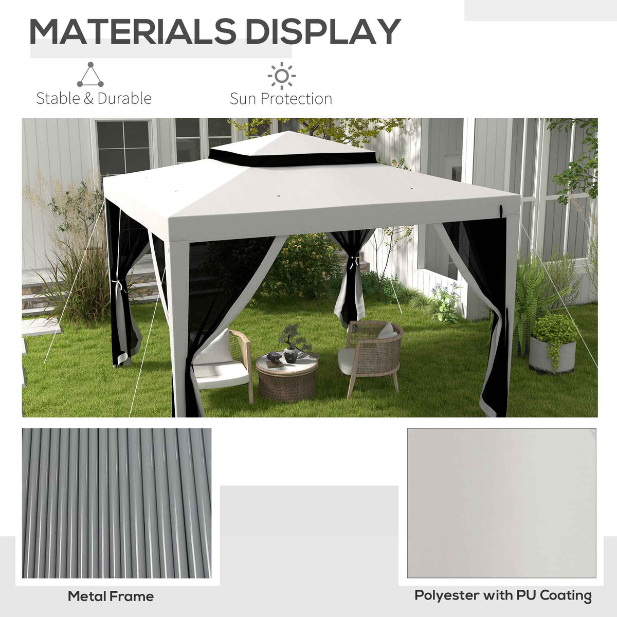 Toldo de jardín de 3x3 m con doble techo y mosquitera