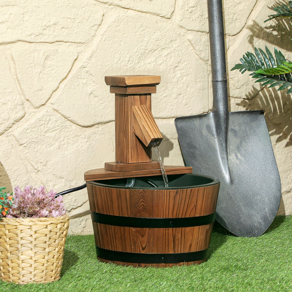 Fuente de jardín de barril de madera carbonizada