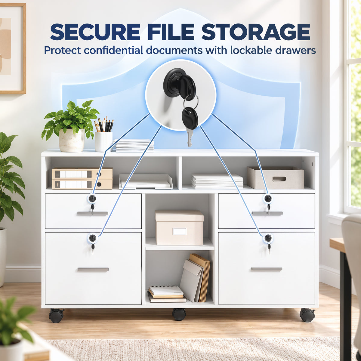 Mobile Locking File Cabinet with Open Shelves