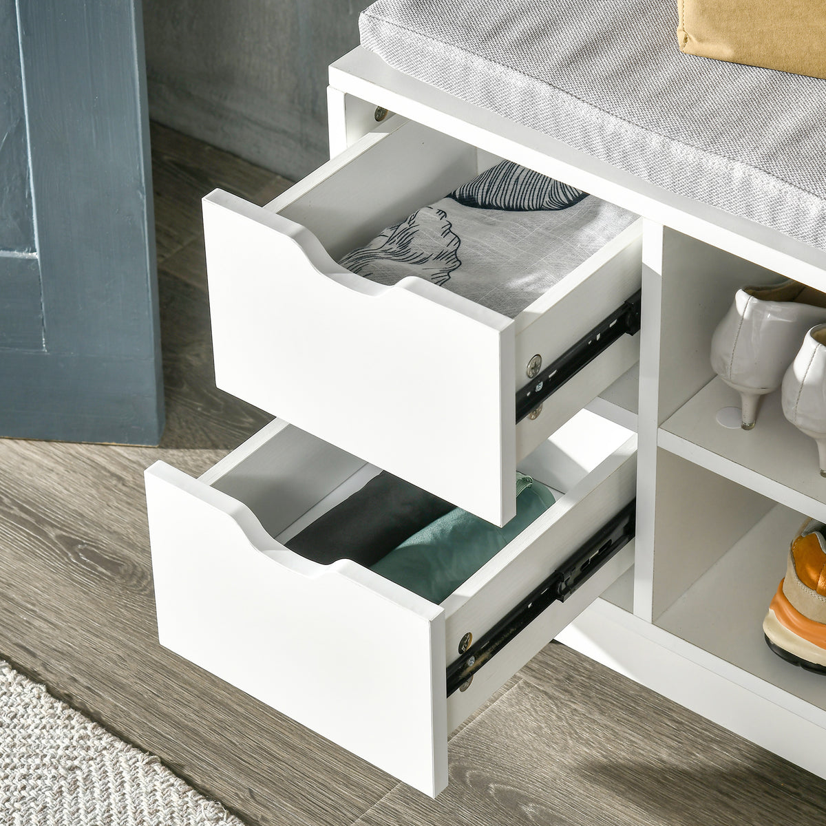 Upholstered shoe storage bench with seat
