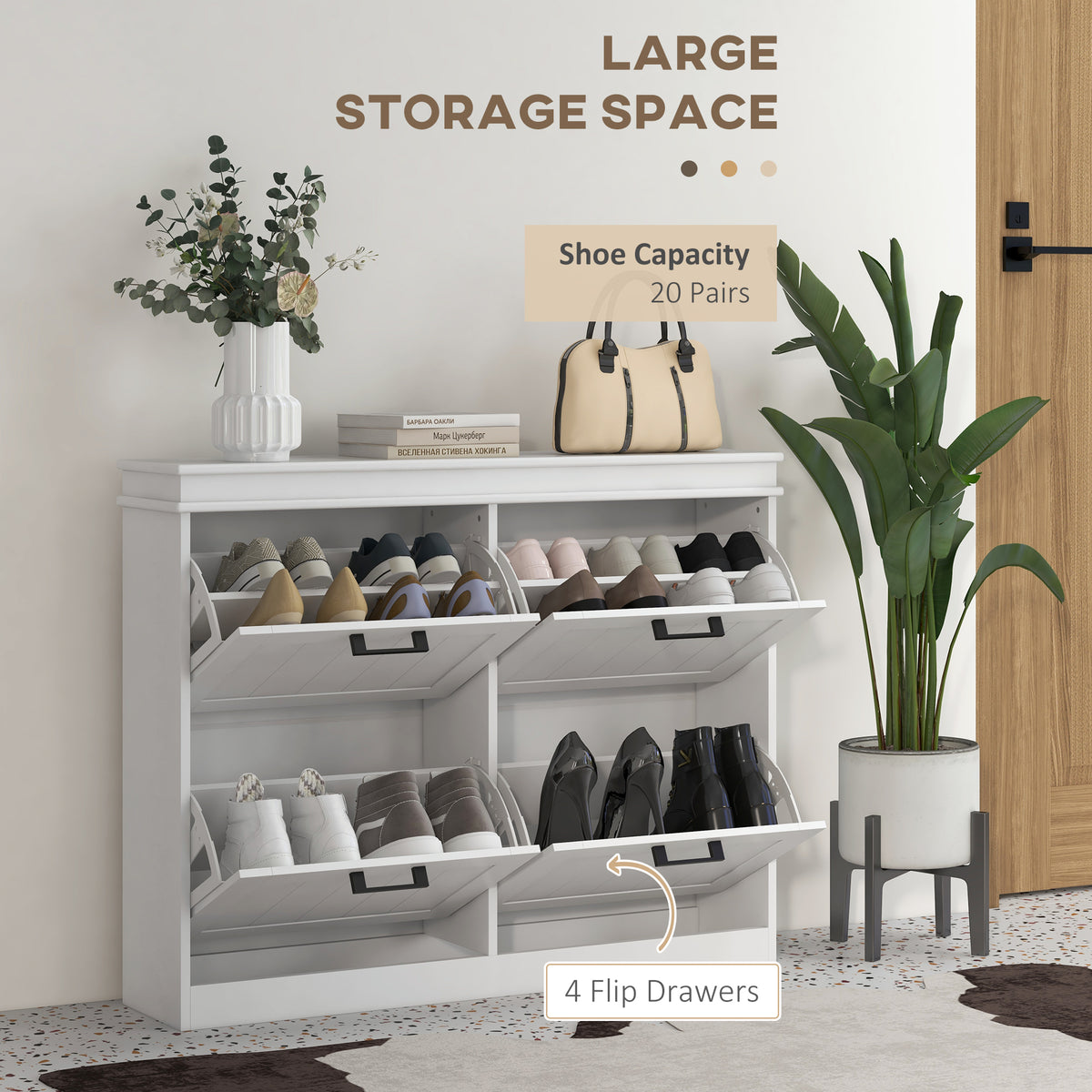 Narrow shoe storage cabinet with 4 flip drawers