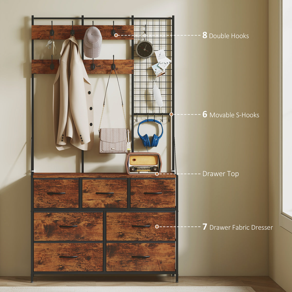 4-in-1 Hall Tree with 7-Drawer Dresser and Hooks